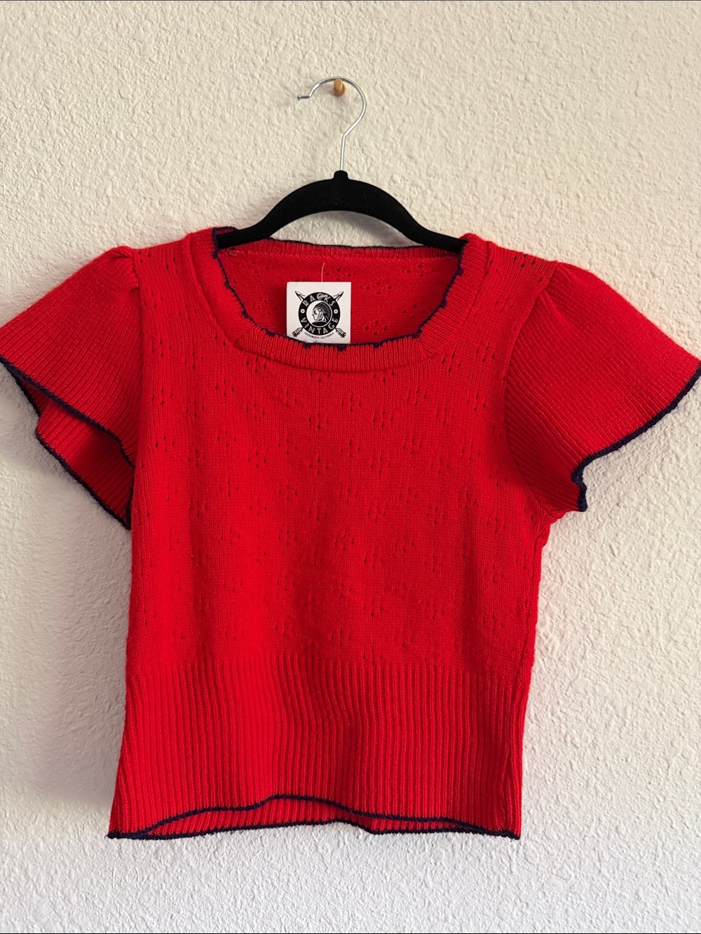 Vintage 70s Red Short-Sleeve Knit Top with Contrast Trim